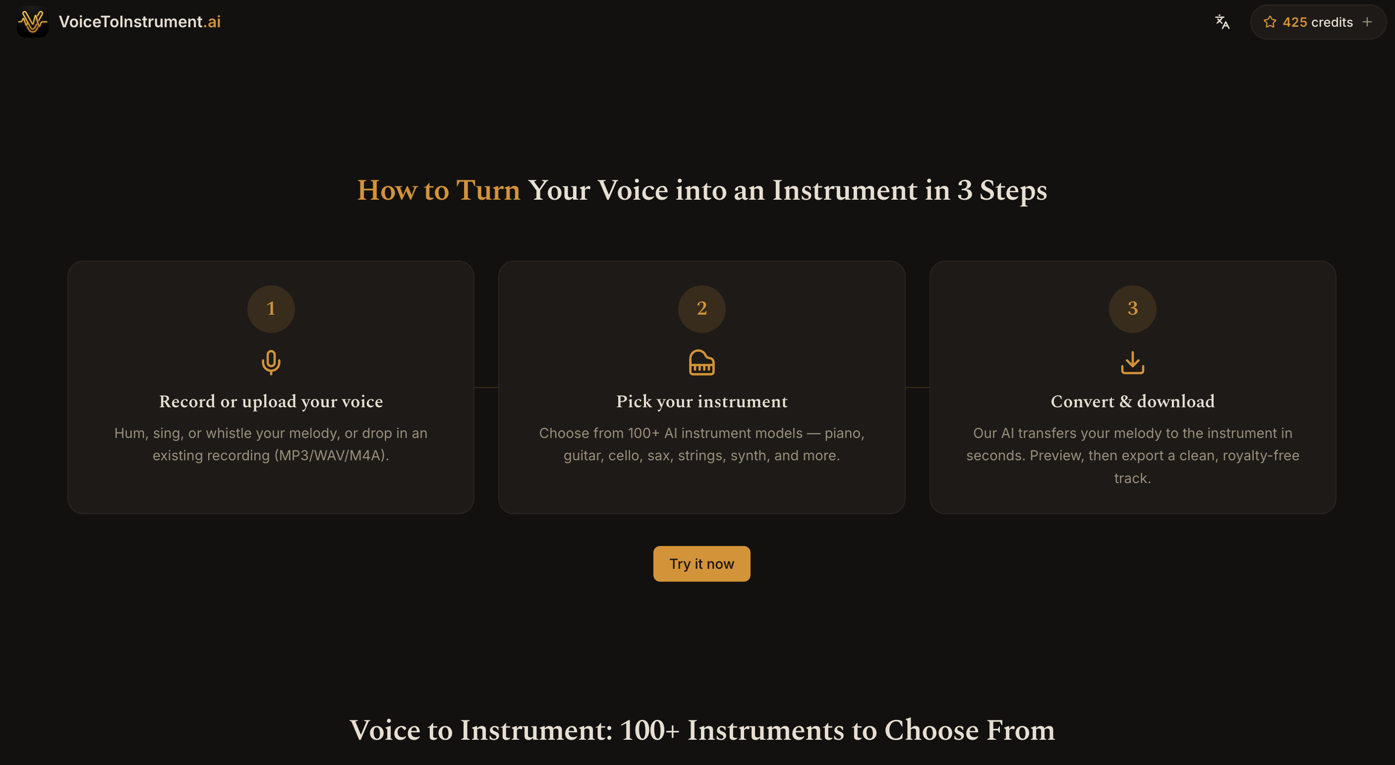 The three steps: record or upload, pick an instrument, convert and download