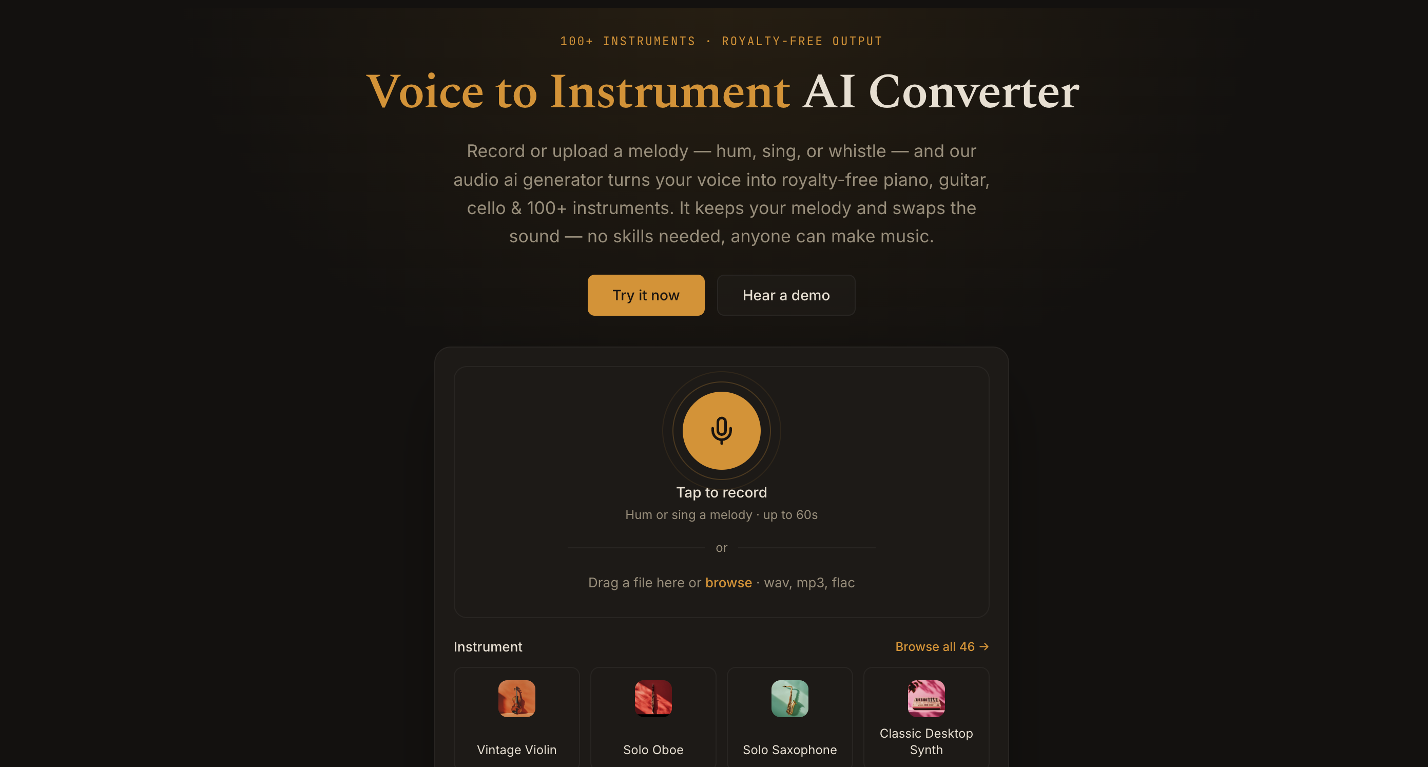 The VoiceToInstrument web app converter with record button and instrument options