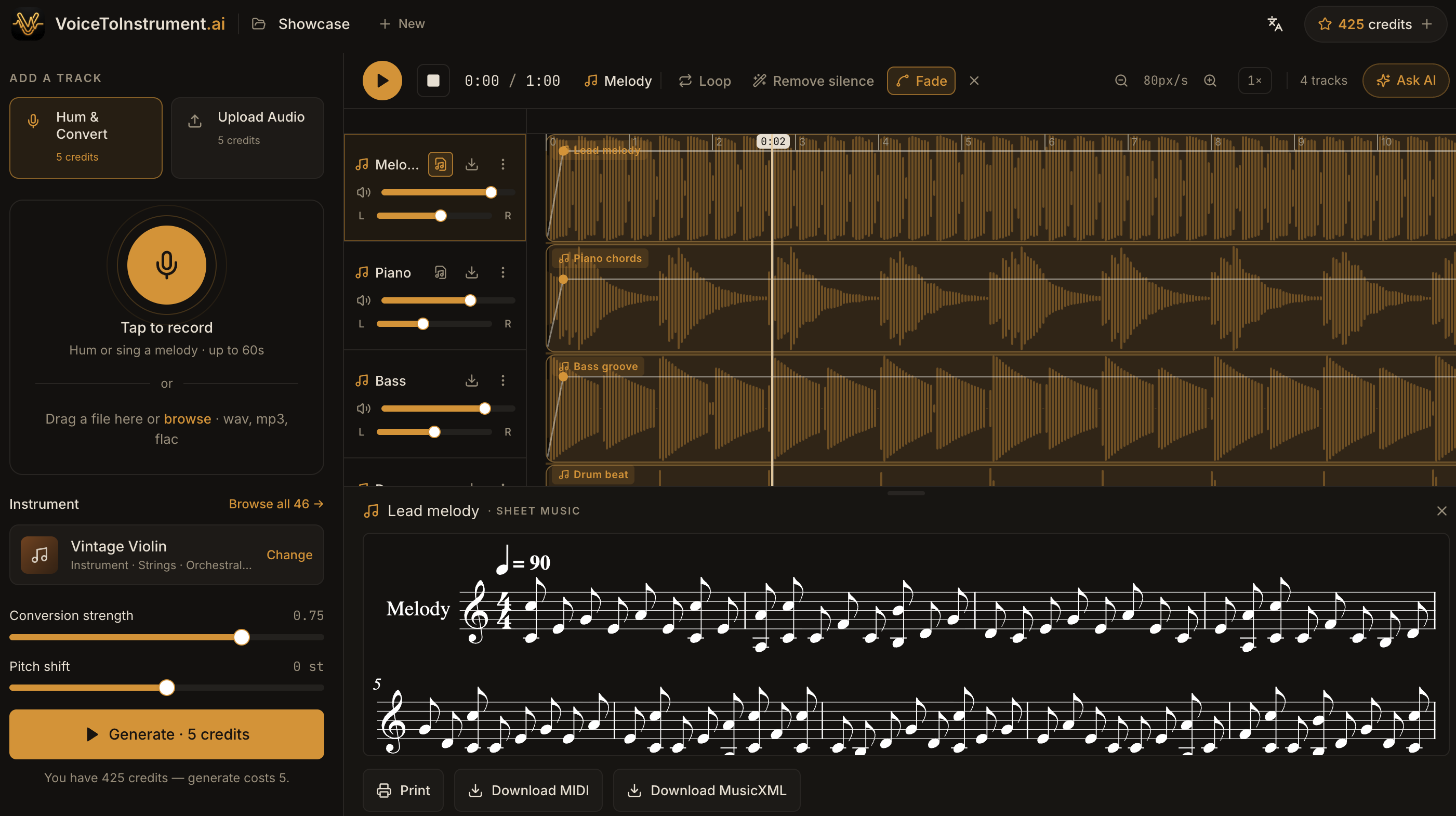 Studio timeline with multiple tracks, sheet music, and MIDI and MusicXML export